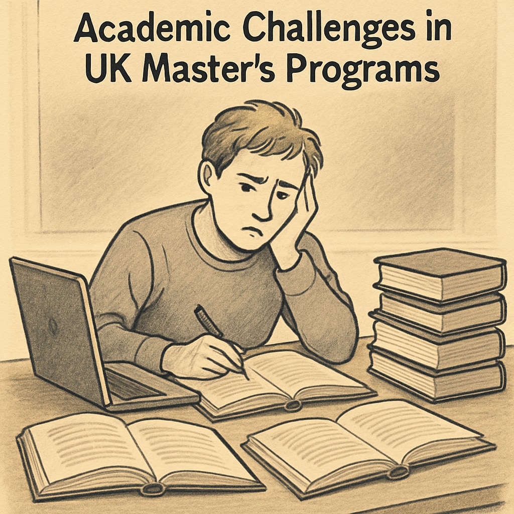 A student sitting at a desk surrounded by books and a laptop, representing academic challenges in UK master’s programs. Student studying for UK master's degree, facing dissertation challenges.