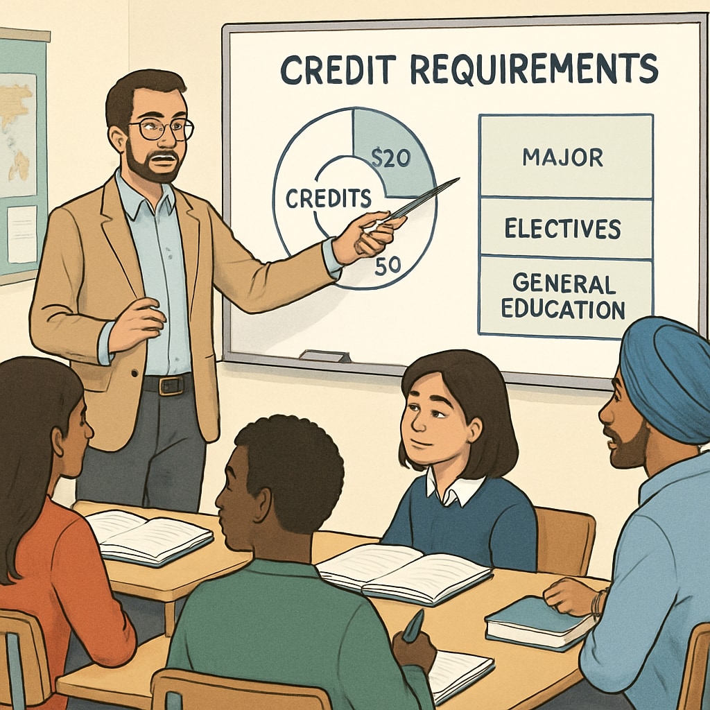 A lecturer explaining credit requirements to a group of international students in a classroom setting. Classroom discussion on UK master's degree credit requirements.
