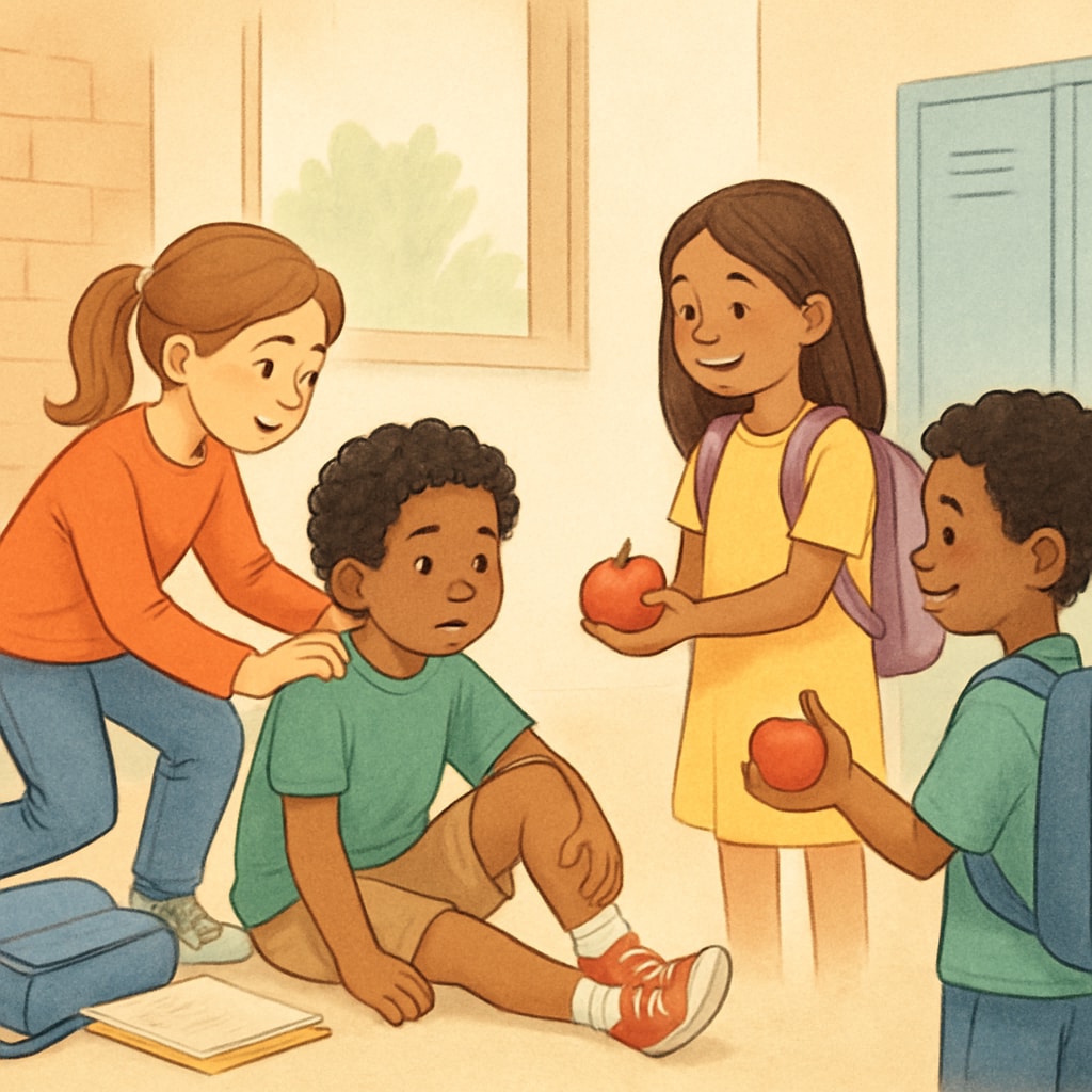 A creative illustration depicting empathy and kindness in children’s educational content. Ms. Rachel, Children's Education, Humanitarianism, Middle East empathy image.