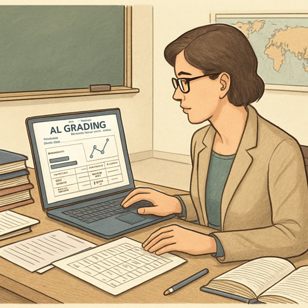 A teacher using an AI-powered grading system on their laptop, illustrating how technology assists with administrative tasks. A teacher utilizing an AI tool for grading and administrative tasks to reduce workload.