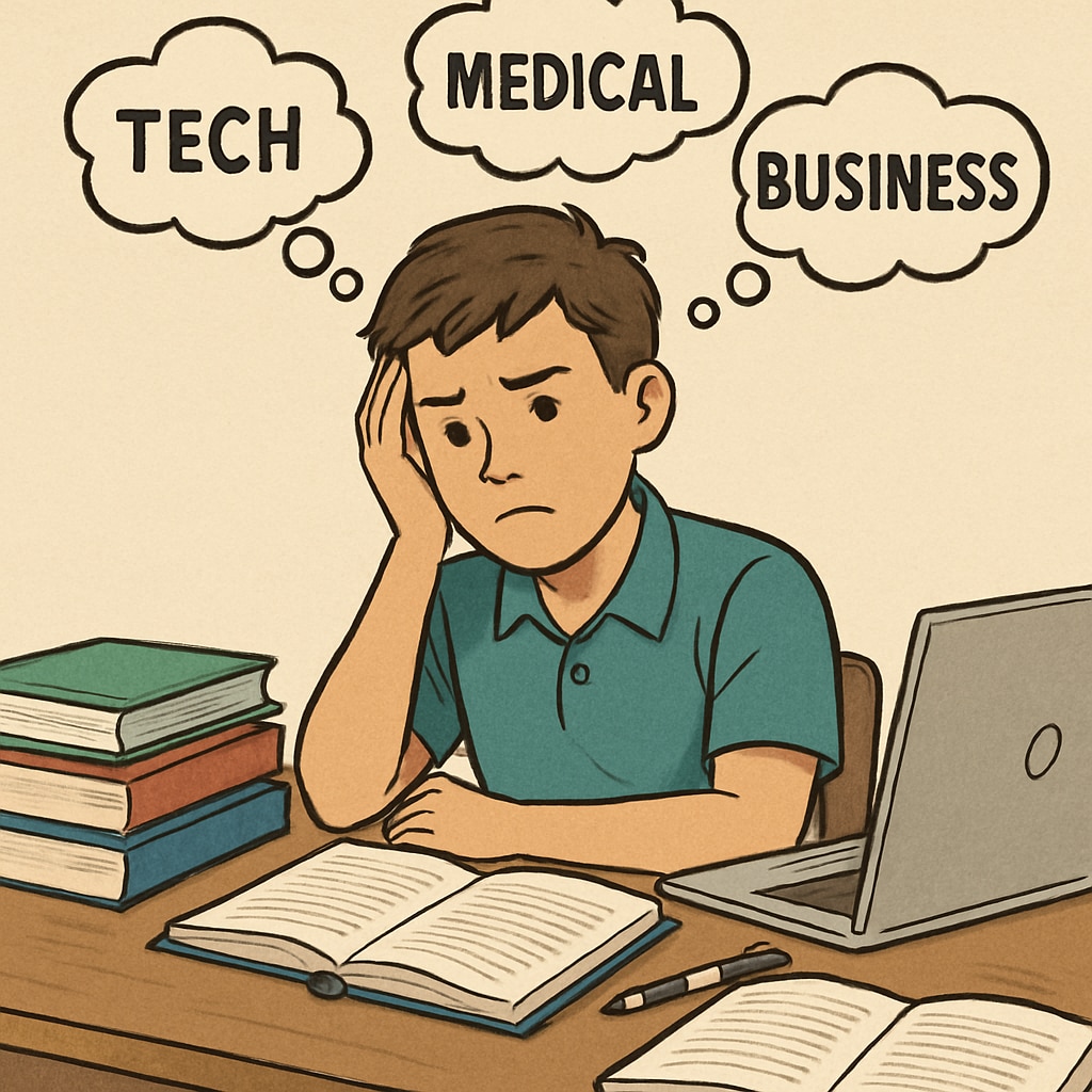A high school student sitting at a desk surrounded by books and a laptop, looking confused about career choices. High school student confused about STEM career choices.
