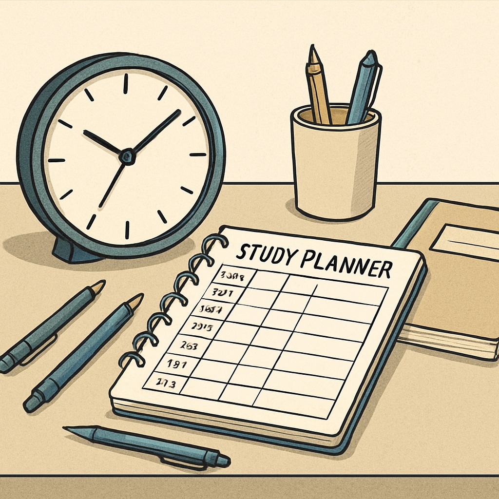 A clock and study planner on a desk, symbolizing effective time management techniques. Study planner and clock emphasizing time management.