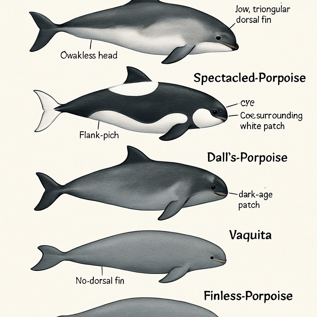 A detailed illustration of different porpoise species, highlighting their physical characteristics and size differences. The image should include labels for species names and notable features. Porpoise species illustration showing physical traits and size comparisons.