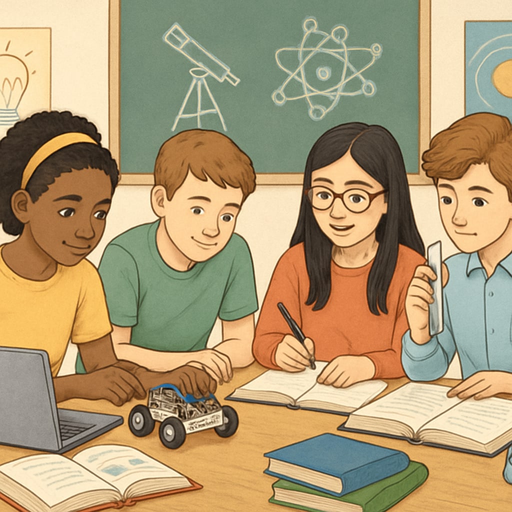 A group of students working together on a STEM project, symbolizing collaboration and exploration. Students collaborating on a STEM project.