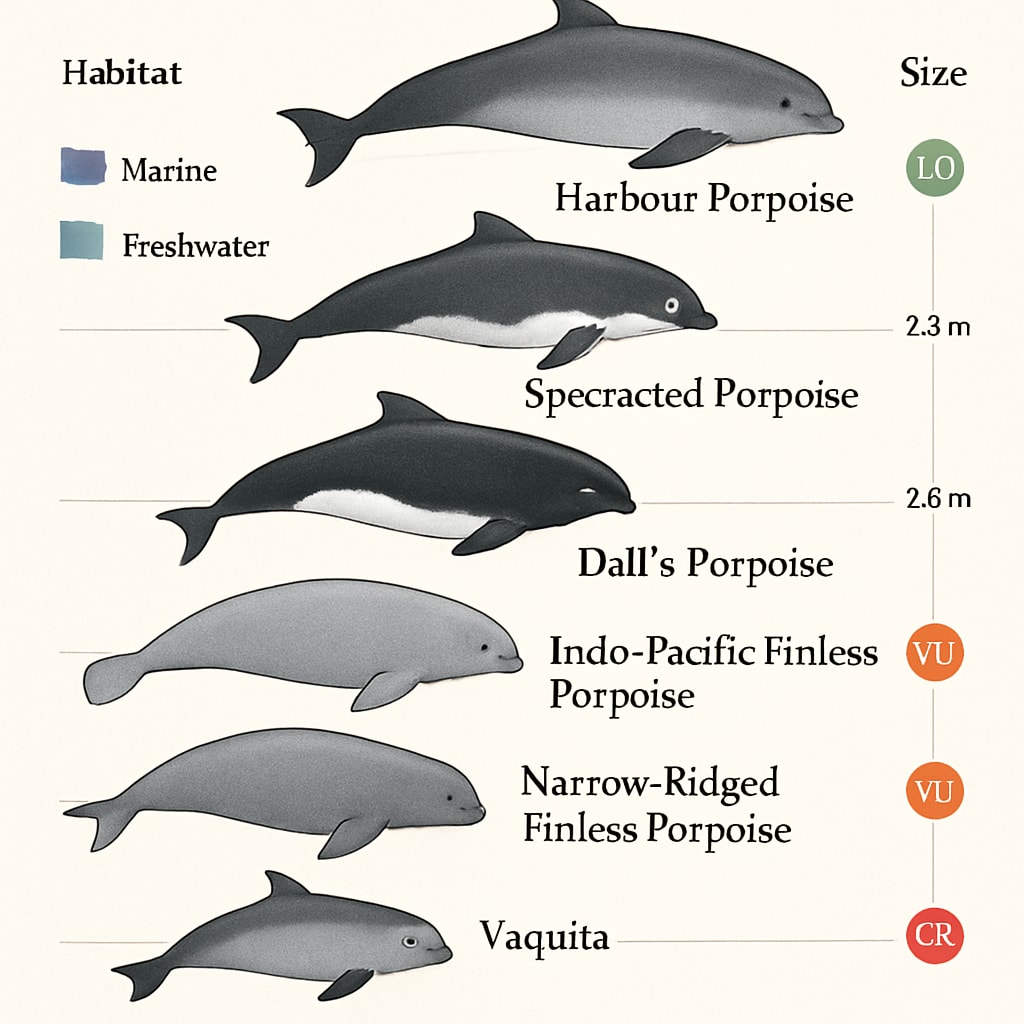 A classroom-friendly diagram comparing porpoise species by habitat, size, and conservation status. The image should use clear visuals and text to aid student understanding. Diagram comparing porpoise species by habitat and conservation status.