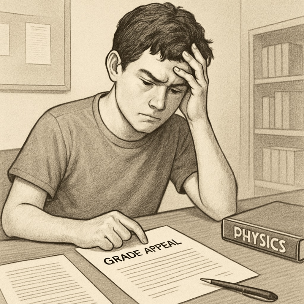 A frustrated high school student reviewing academic documents related to their AP Physics C grade appeal at a desk. High school student working on AP Physics C grade appeal documents.