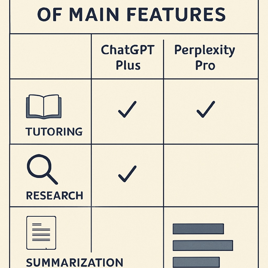 A graphic comparing the main features of ChatGPT Plus, Perplexity Pro, and Claude Pro, highlighting their strengths in tutoring, research, and summarization. Comparison of AI tools ChatGPT Plus, Perplexity Pro, and Claude Pro for learning.