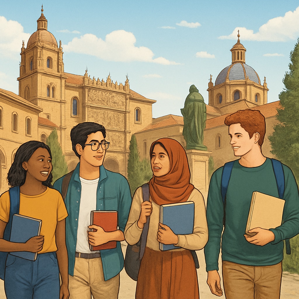 International students on a Spanish university campus with historic buildings.