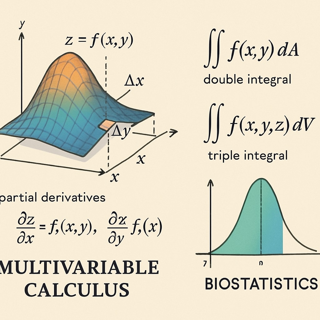 A detailed graph illustrating multivariable calculus concepts, such as 3D surfaces and integrals, relevant to biostatistics applications. Graph demonstrating concepts of multivariable calculus, important for biostatistics studies.