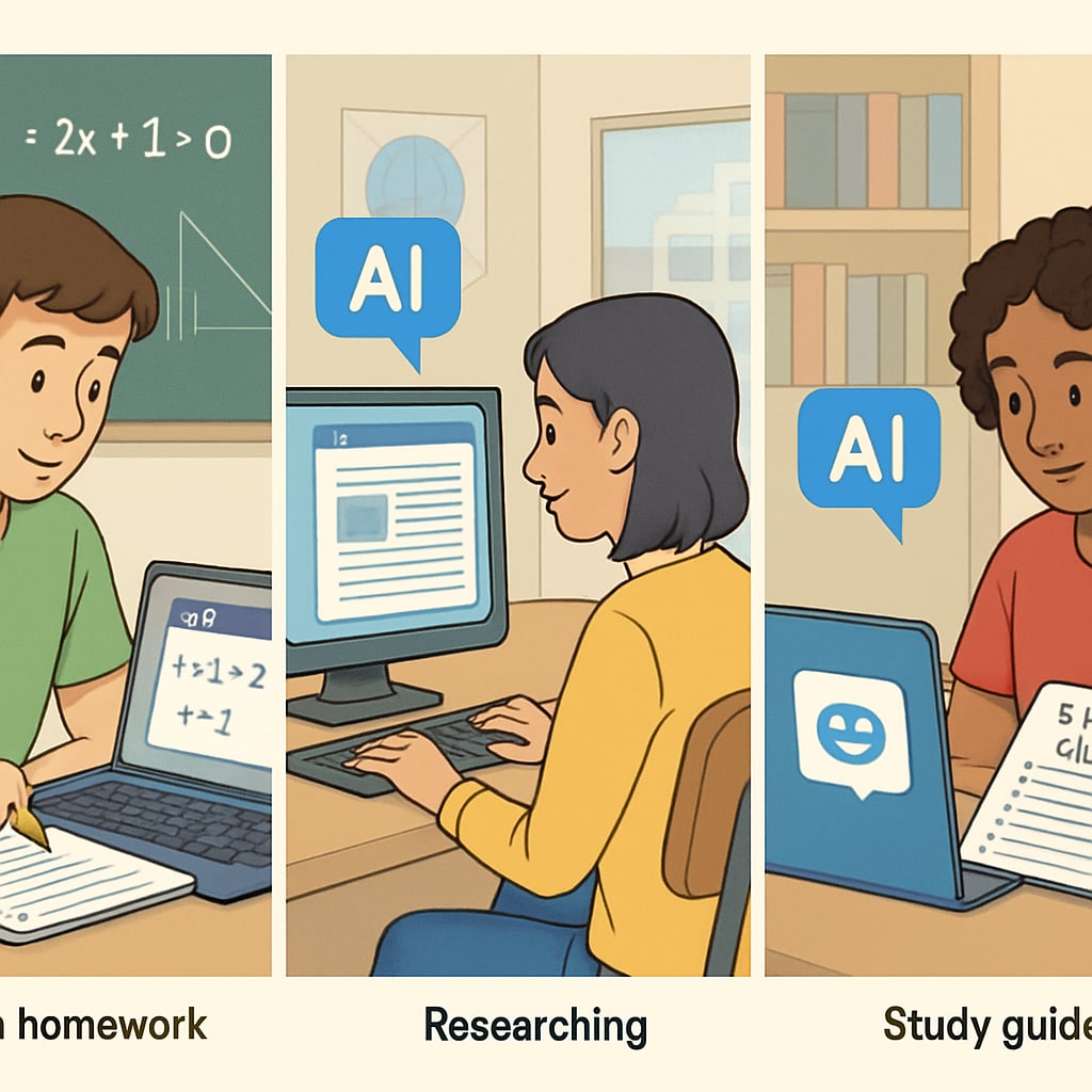 An illustration of students using AI tools in different settings: one working on math homework, another conducting research, and a third reviewing a study guide. Students using AI tools like ChatGPT Plus, Perplexity Pro, and Claude Pro for various learning tasks.