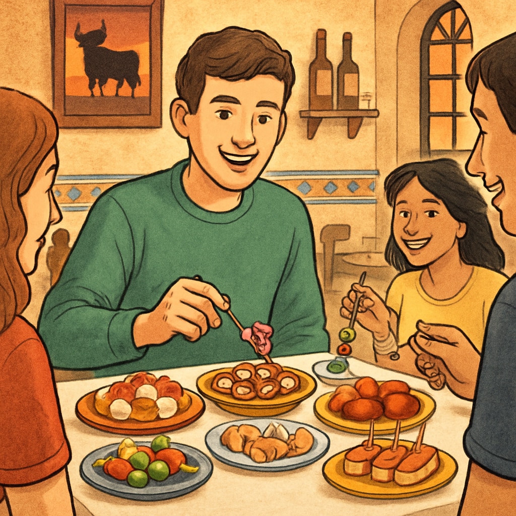 Student enjoying tapas with friends in Spain, integrating into local culture.