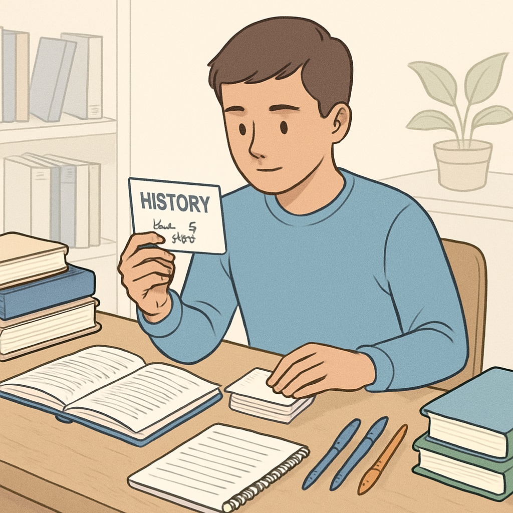 A student using active recall techniques with flashcards in a study environment to improve memory and understanding. Effective study techniques involving active recall, flashcards, and memory improvement for teens.