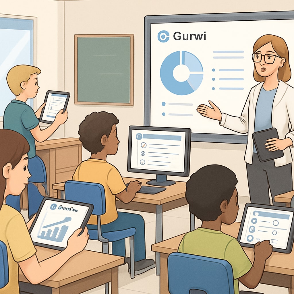 A dynamic visual representation of students using Gurwi's interactive learning tools in a classroom setting. Students using Gurwi’s interactive learning tools to enhance their educational experience.