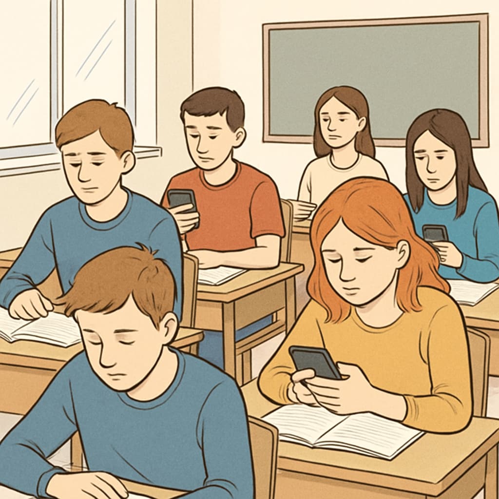 Students in a classroom distracted by smartphones, representing technology addiction risks