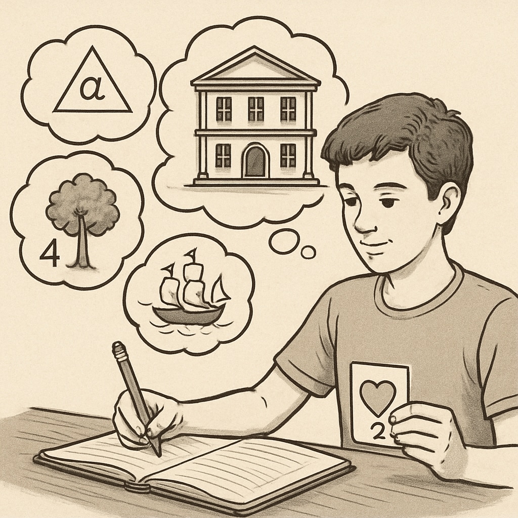 A teen creating a memory palace to organize information visually, showcasing mnemonic devices in learning. Teen using memory palace and mnemonic devices for effective learning and memory retention.