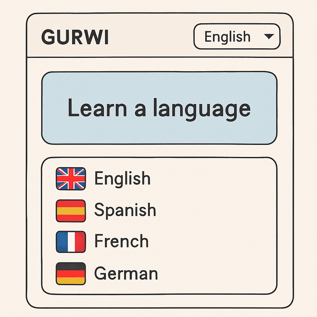 A screenshot of Gurwi’s multilingual interface, showcasing language selection options for learners. Gurwi’s multilingual interface with multiple language options displayed.