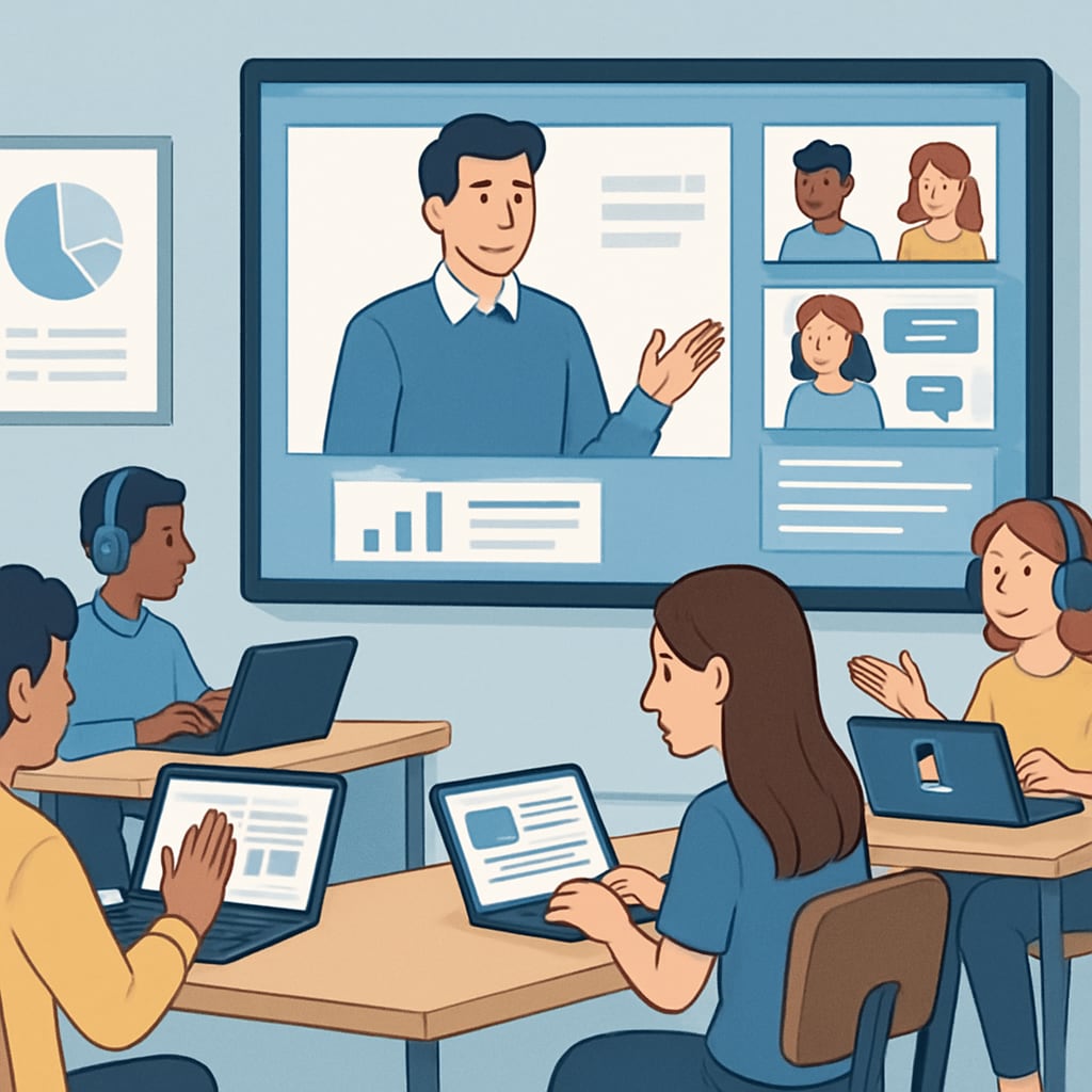 Students in a virtual classroom discussing coursework.