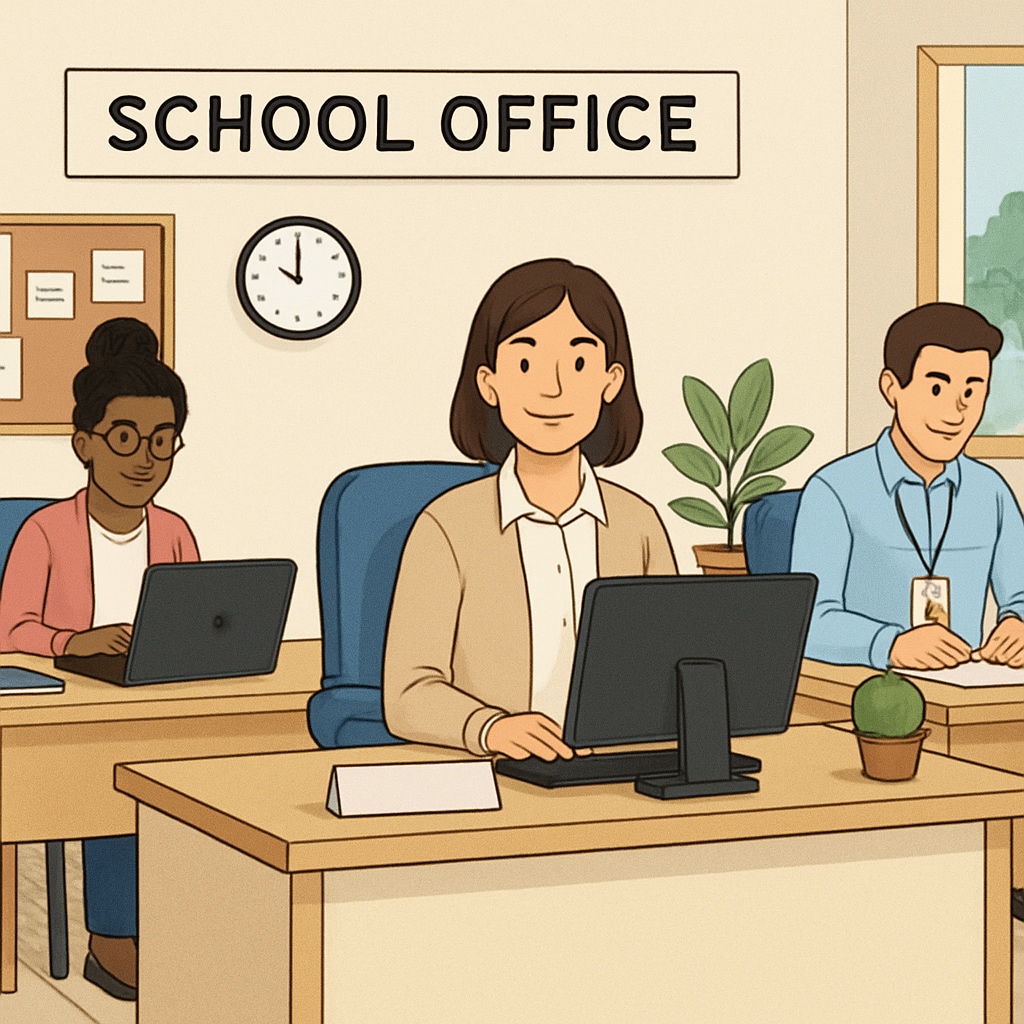 A welcoming school office environment with administrative staff working. School administrative staff in a welcoming office environment.
