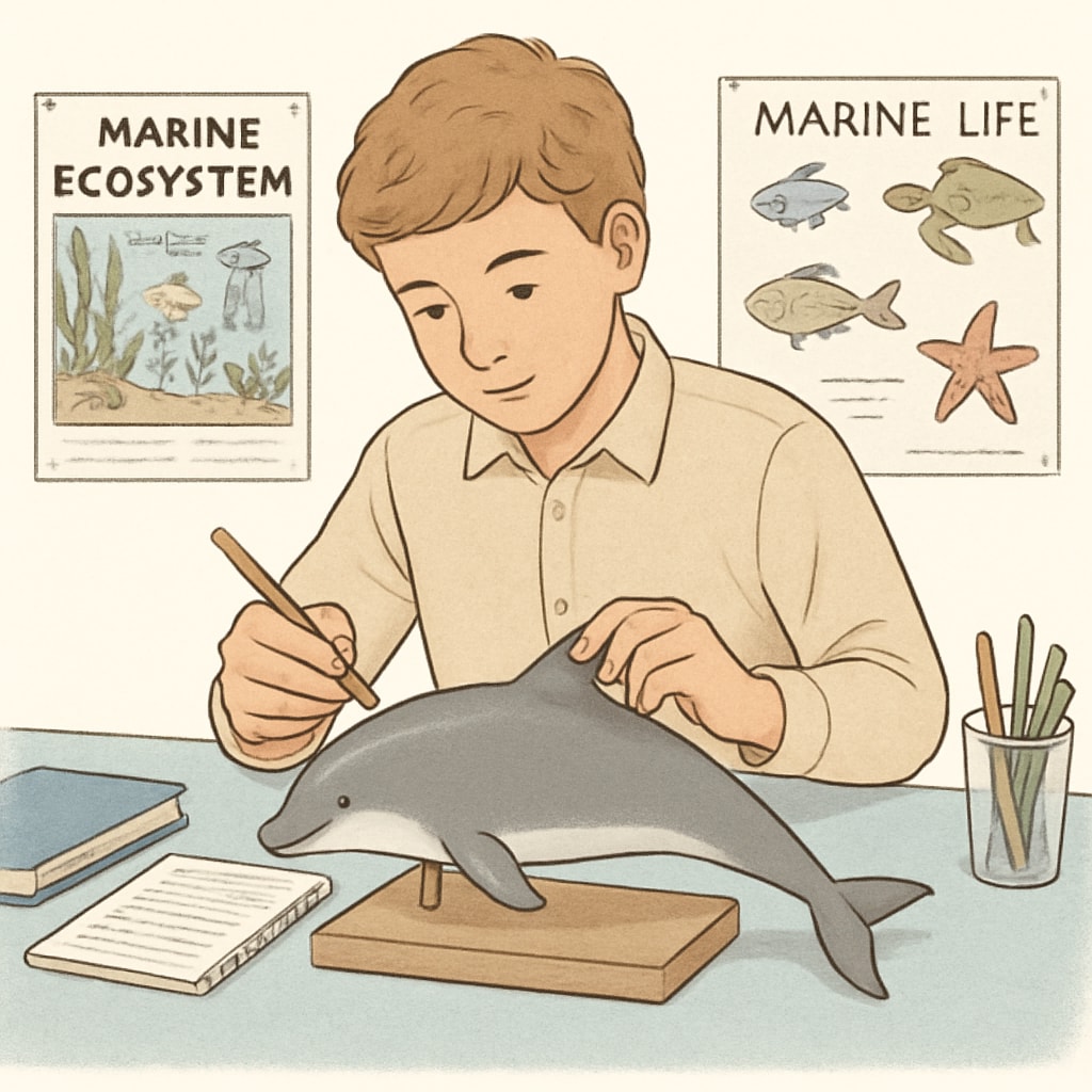 Student with a porpoise model, symbolizing K12 marine biology education.