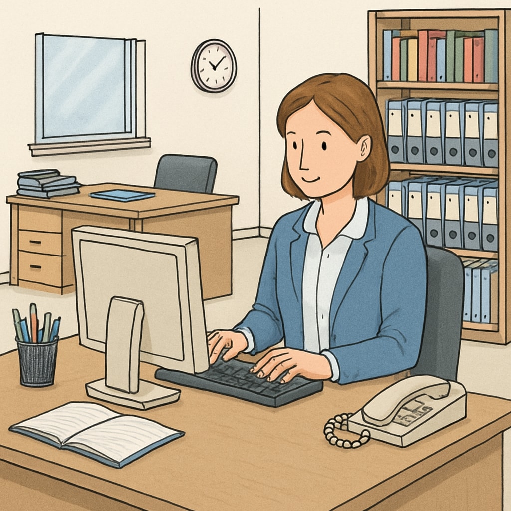 A person working on a computer in a school administrative office. Technical support staff working on a computer in a school office.