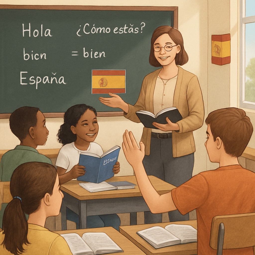 A classroom with students learning Spanish, symbolizing language preparation for studying in Spain. Students in a classroom engaging with Spanish lessons, representing preparation for studying in Spain.