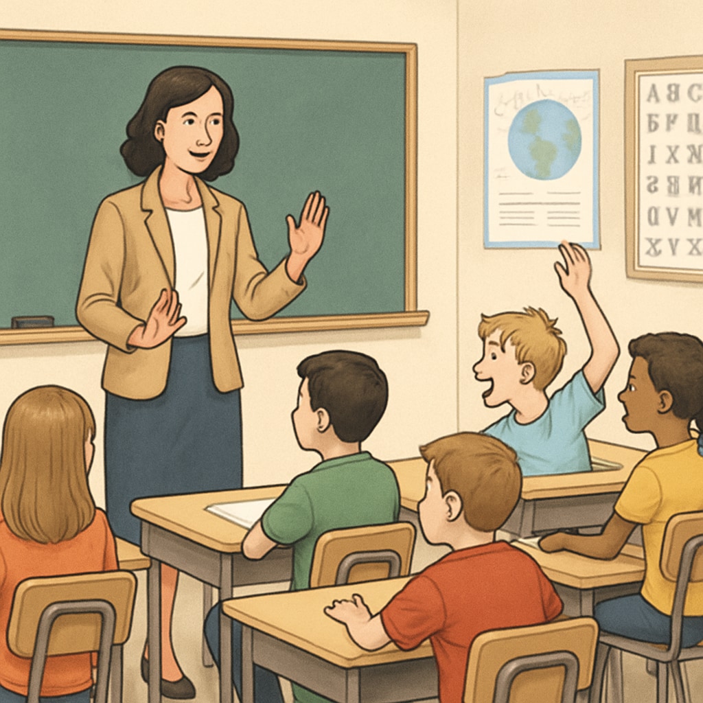 A teacher addressing a classroom, with one student visibly disruptive. Teacher interacting with a classroom, highlighting disruptive behavior among students.