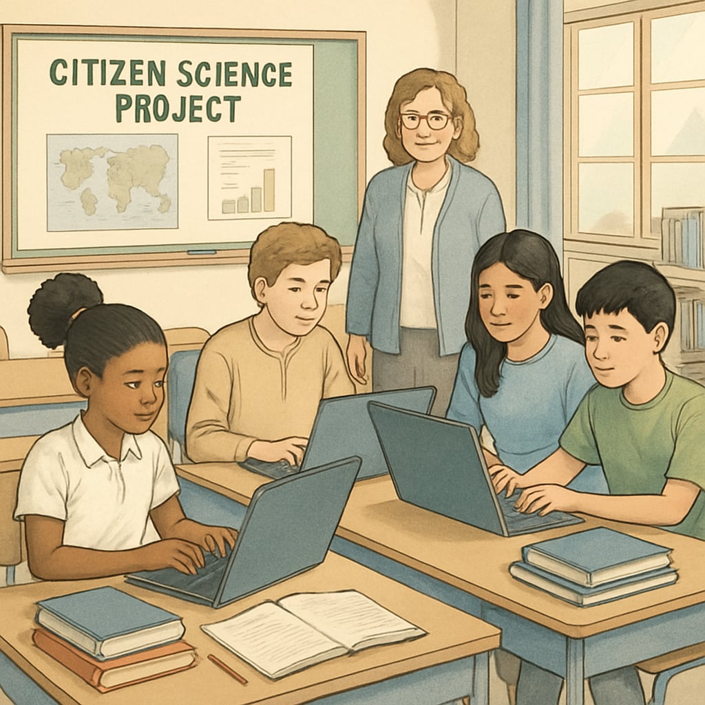 Students working on a citizen science project using laptops in a classroom setting. Students participating in a Zooniverse citizen science project in the classroom.