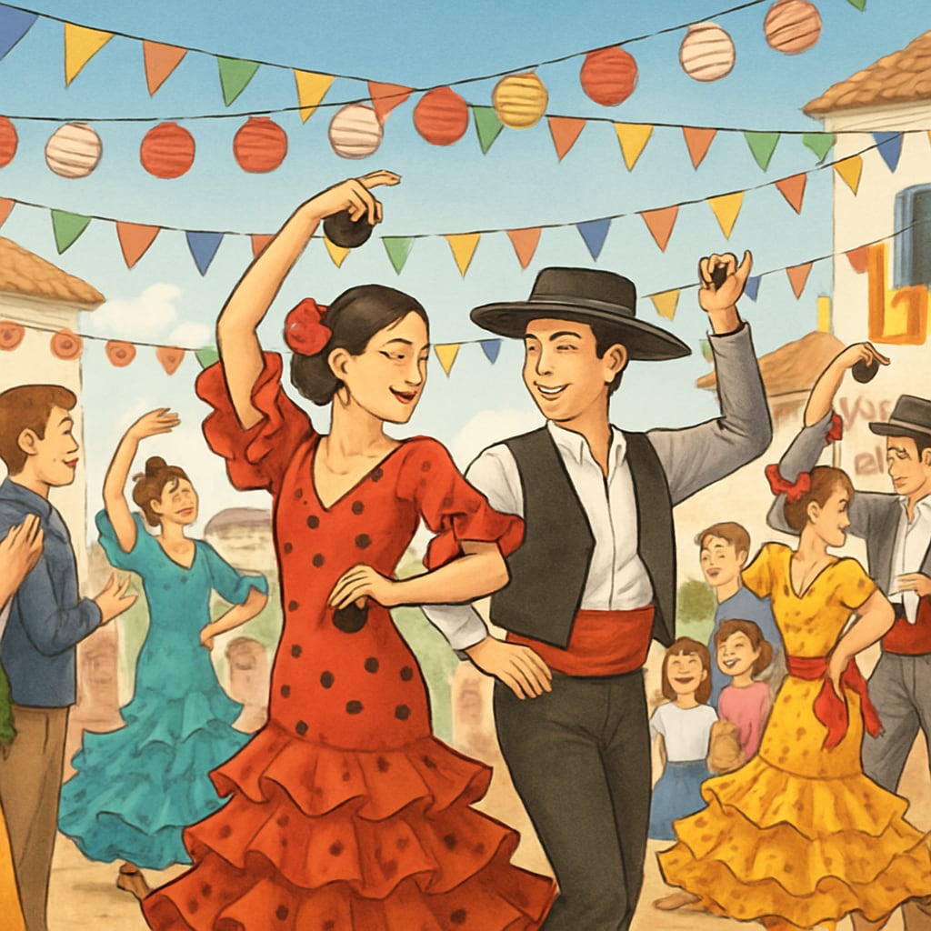A Spanish festival scene showcasing traditional costumes and dances, symbolizing cultural immersion. A vibrant Spanish festival with traditional costumes and music, representing cultural adaptation.