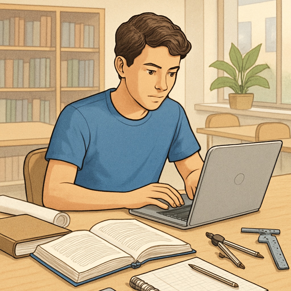 Online degree and mechanical engineering student studying in a professional environment.
