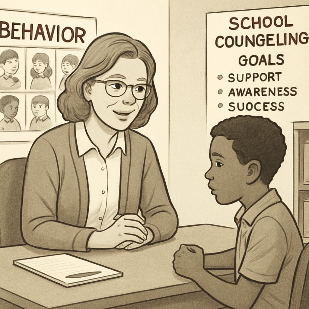 A school counselor working one-on-one with a student, focusing on behavior correction. School counselor assisting a student with behavioral issues in a focused session.