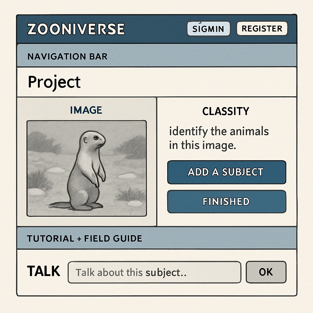 Screenshot of the Zooniverse platform displaying a citizen science project interface. Zooniverse platform interface showcasing a citizen science project.