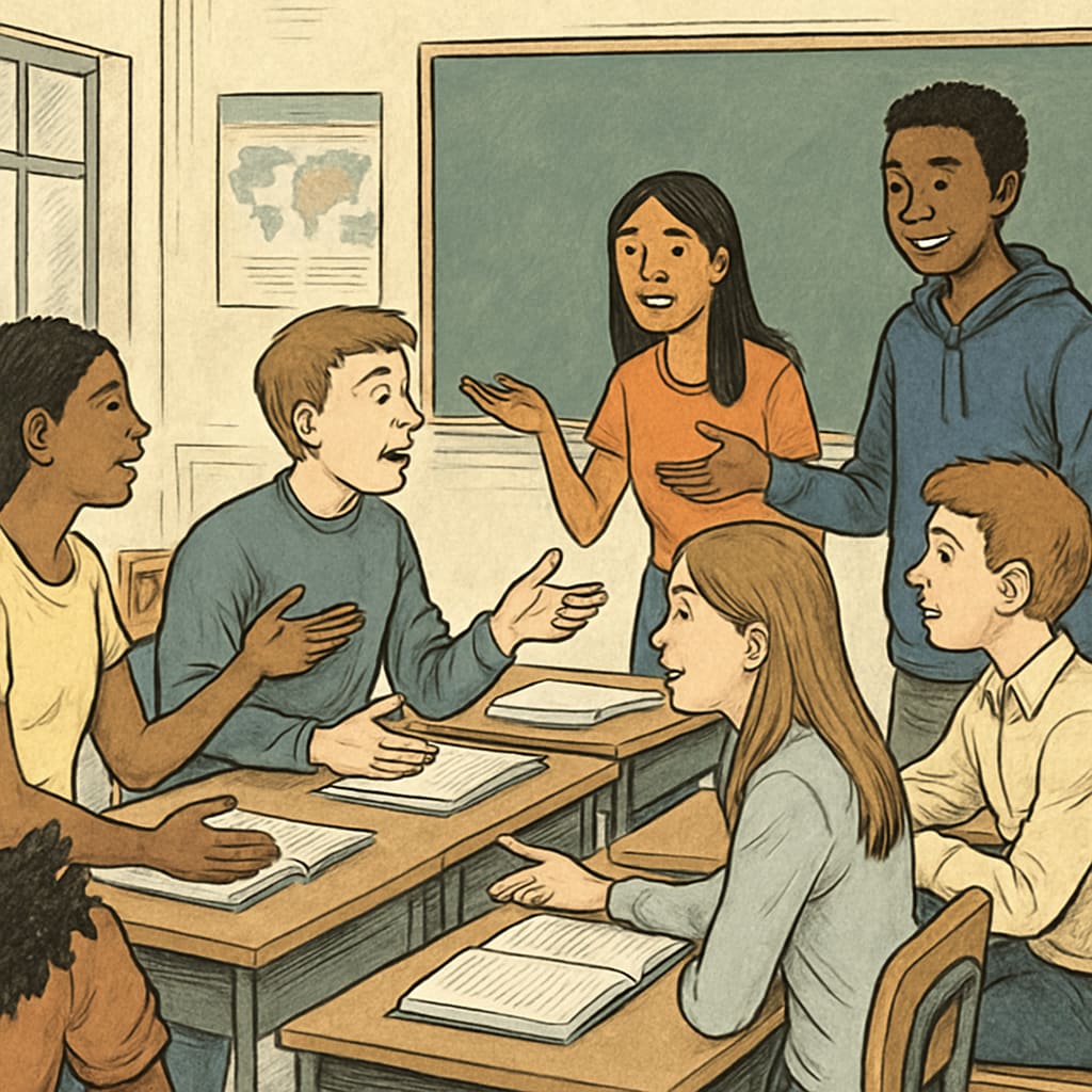 A diverse group of students engaged in a classroom debate, symbolizing critical thinking cultivation. A diverse group of students in a classroom debate, representing critical thinking.
