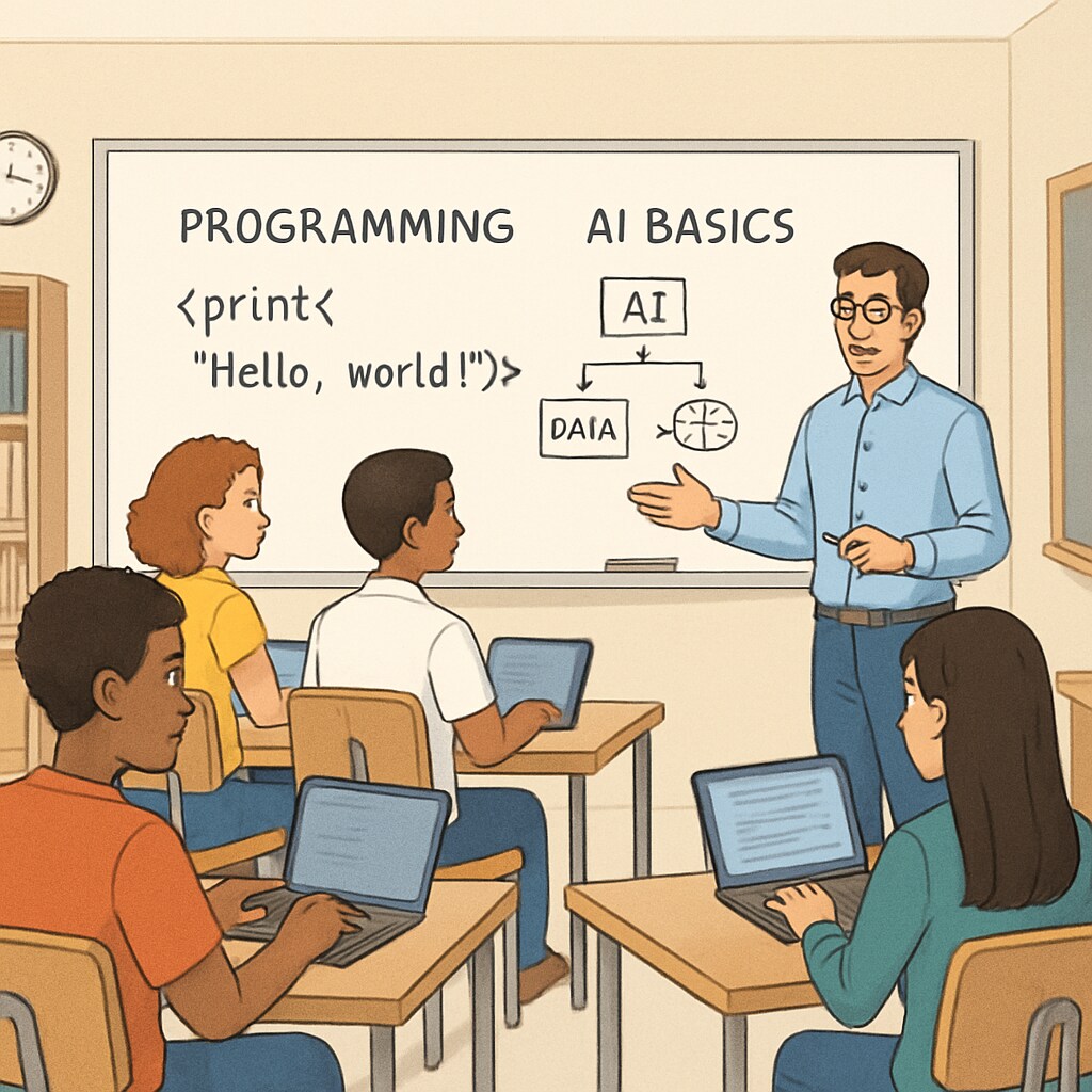Students in a modern classroom learning coding and AI basics as part of their curriculum. Classroom with students learning coding and AI basics to prepare for future careers.