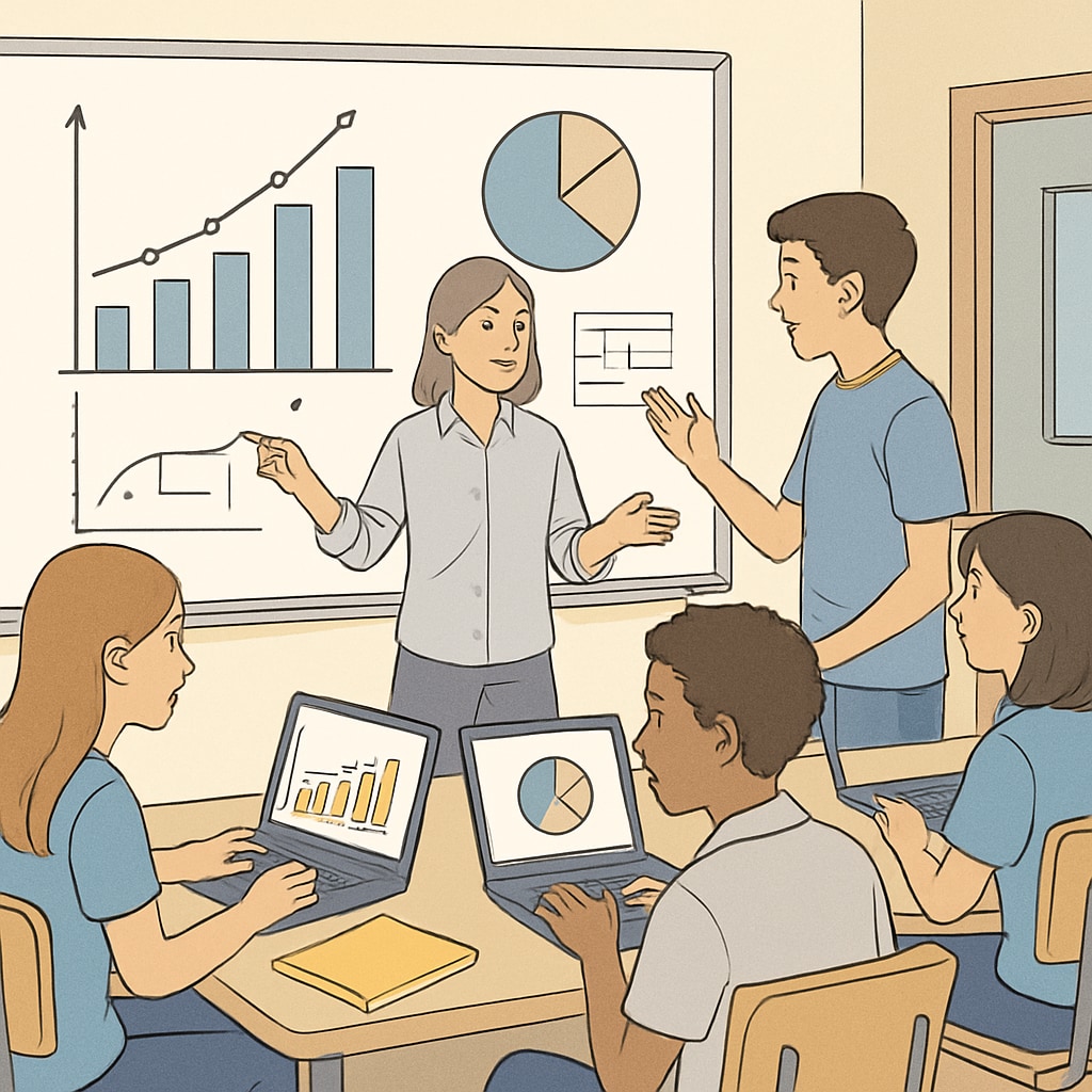 Students in a classroom learning data analysis, relevant to business analytics and finance education.