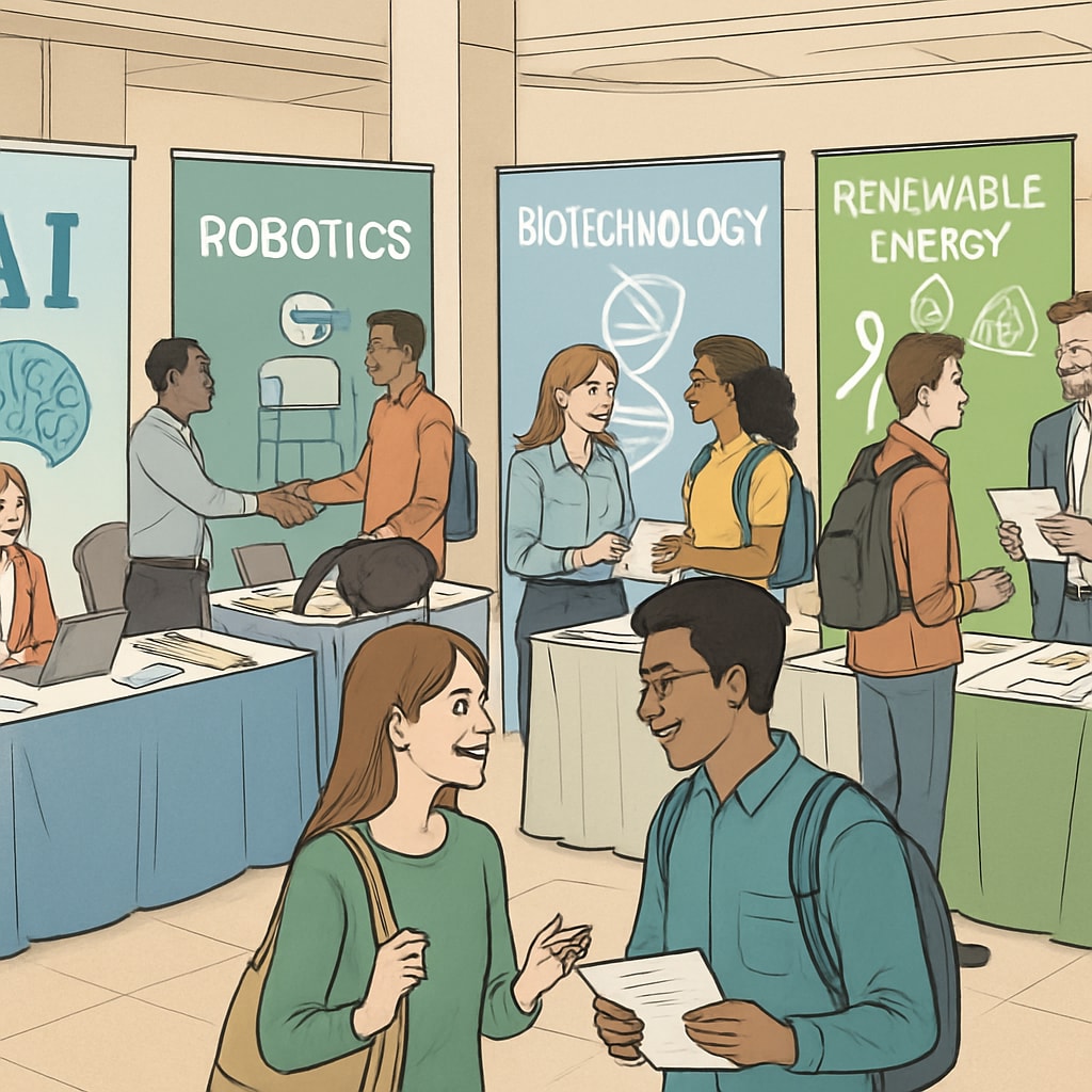 A university career fair with booths showcasing roles in AI and other emerging industries. University career fair focusing on AI and emerging industry jobs.