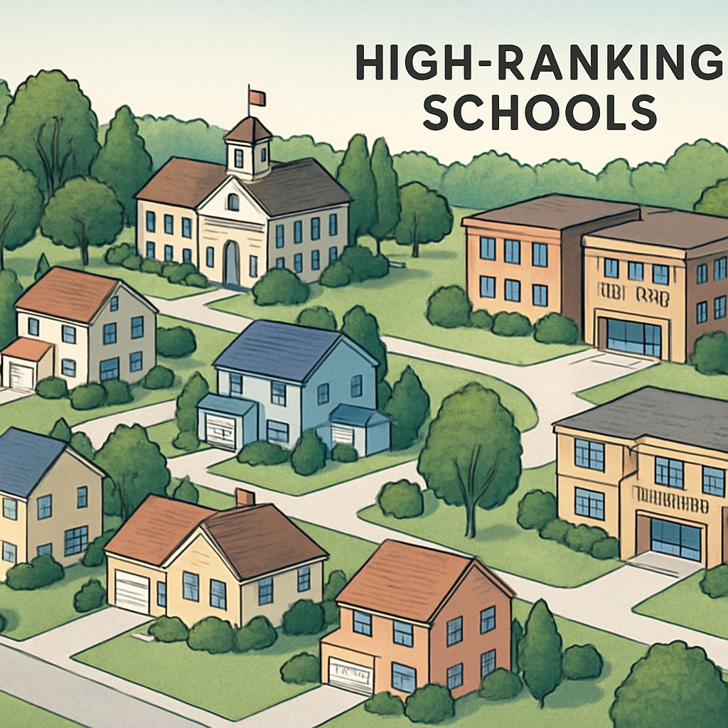 Suburban neighborhood near high-ranking schools, linking education and real estate.