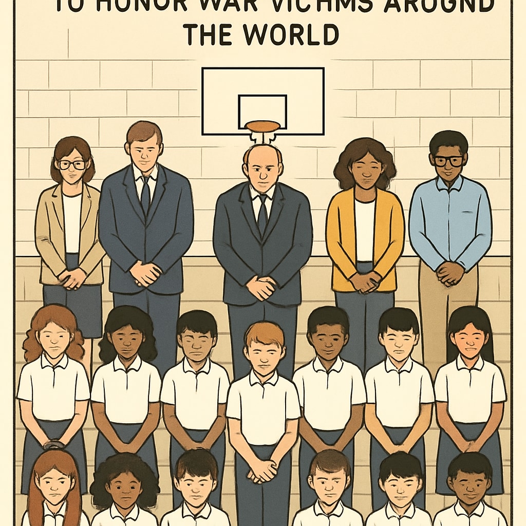 Students and teachers standing in silence in a school auditorium to honor victims of war, symbolizing global solidarity.