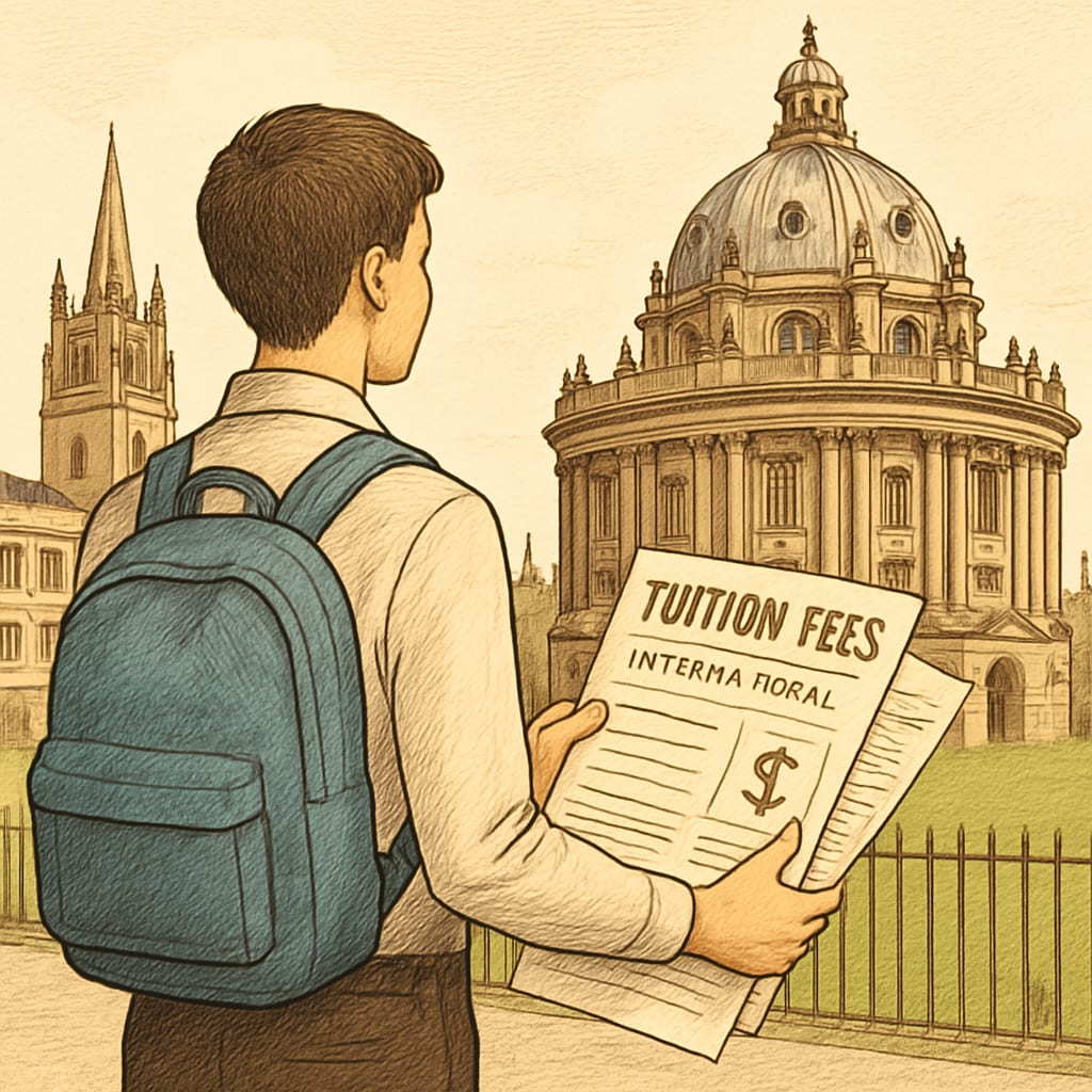 A student looking at Oxford University campus with financial documents in hand, symbolizing the struggle of international fees. Student facing financial challenges at Oxford University due to international fees.