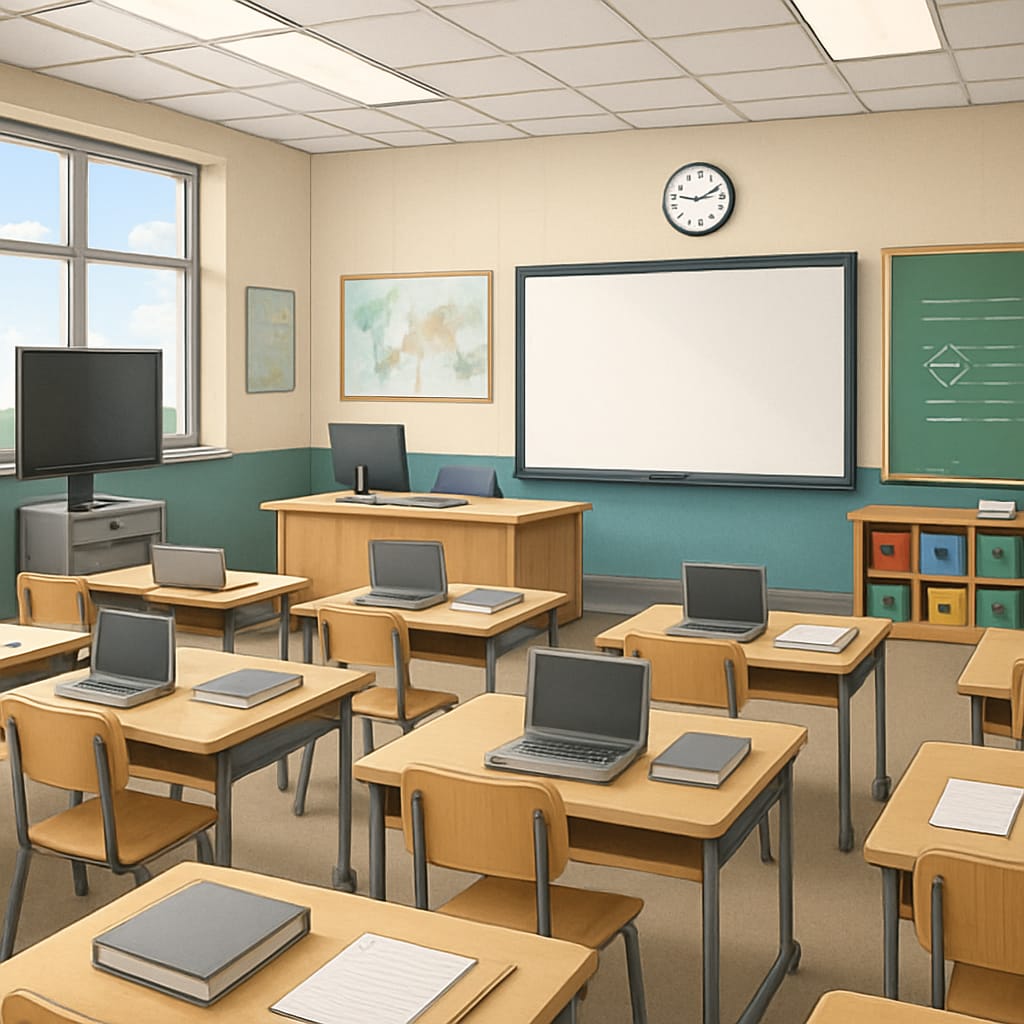 Classroom in a well-funded school district highlighting resource disparities.