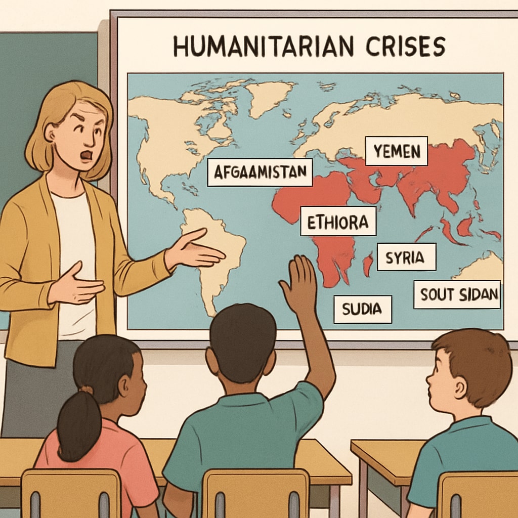 Students and a teacher discussing global conflict zones, emphasizing education on humanitarian issues and global crises.