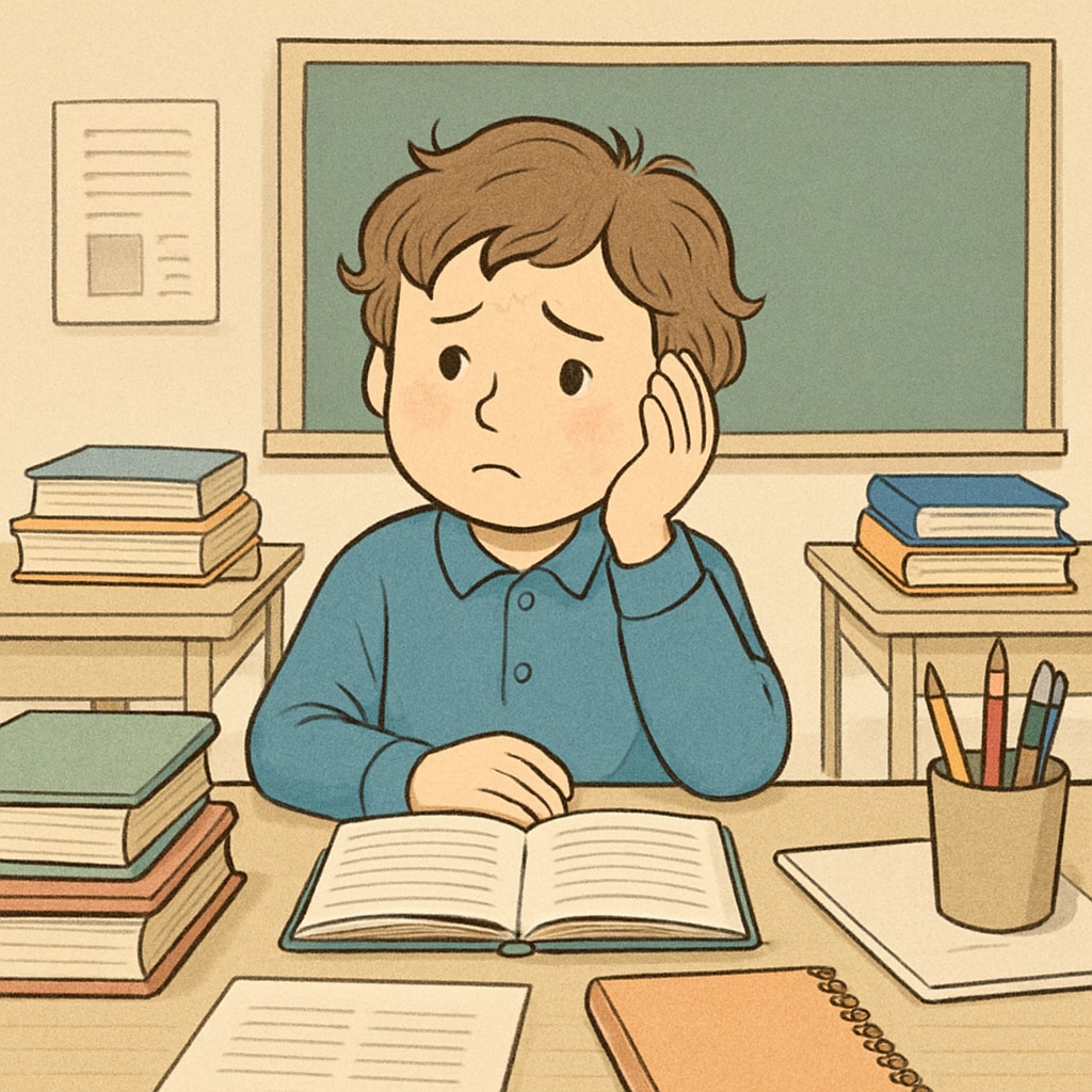 A young child in a classroom setting, surrounded by books and academic materials, looking overwhelmed. First-grade student overwhelmed by academic pressure related to university preparation.