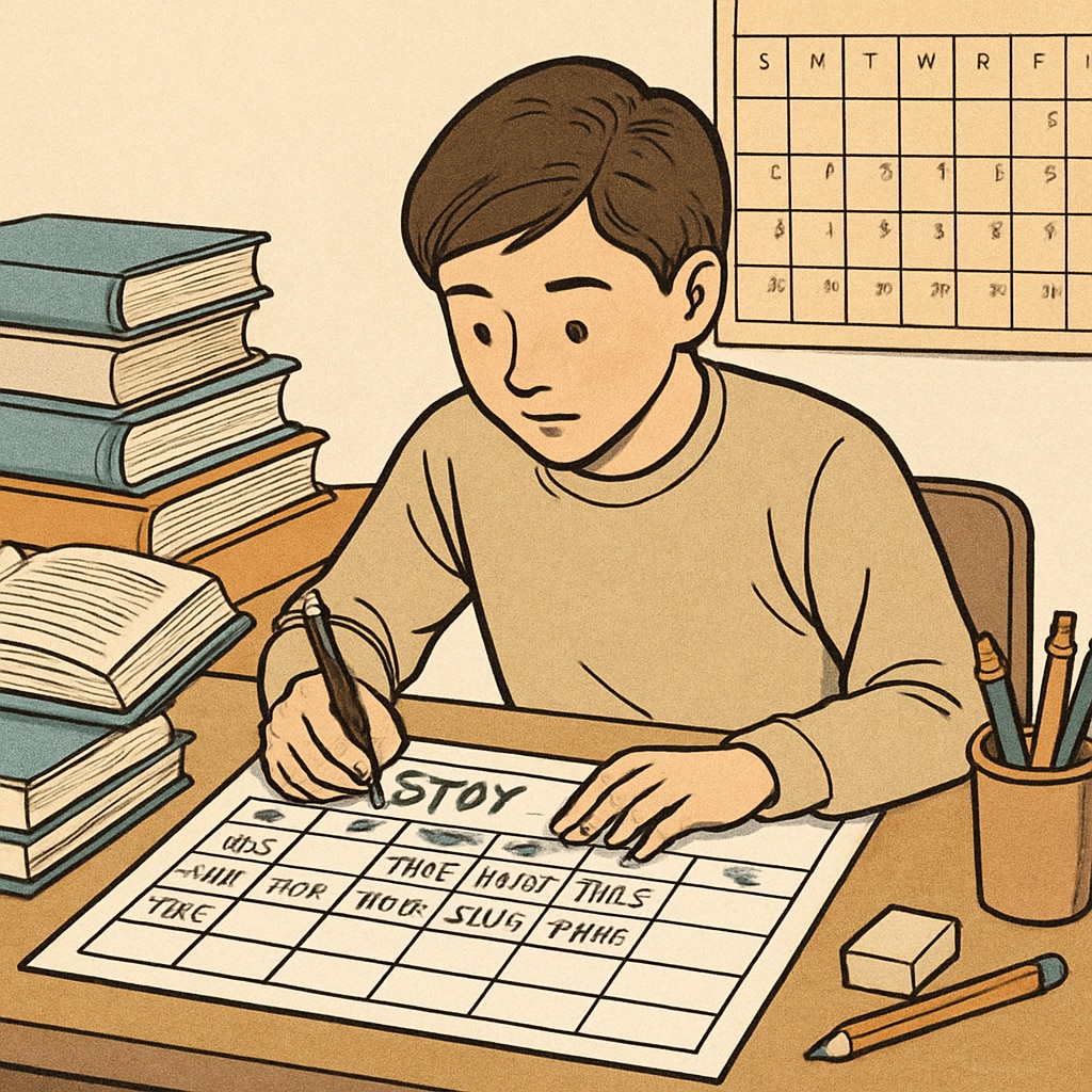 A student organizing their study schedule with books and a calendar to manage academic backlogs. Student organizing study schedule for academic backlogs, time management, exam preparation.