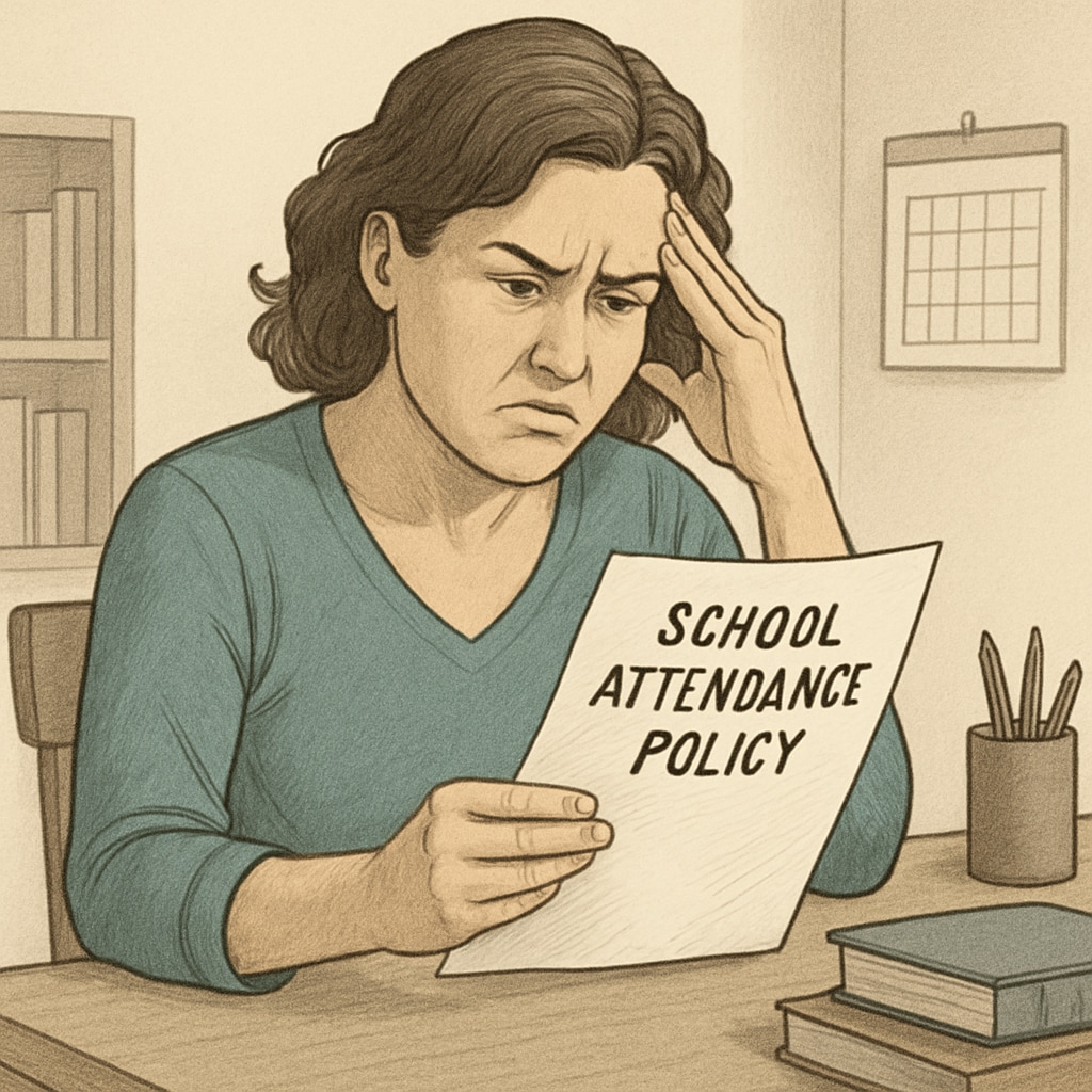 A concerned parent reviewing a school's attendance policy with frustration, illustrating parental challenges with strict rules. Concerned parent reviewing attendance policy.