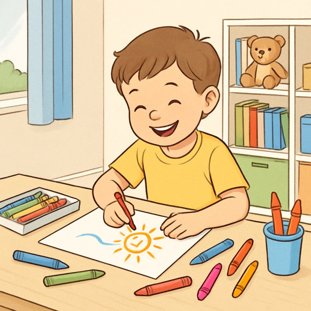 A child drawing or engaging in creative play, emphasizing a stress-free childhood environment. A child enjoying creative play, highlighting the importance of balanced education.