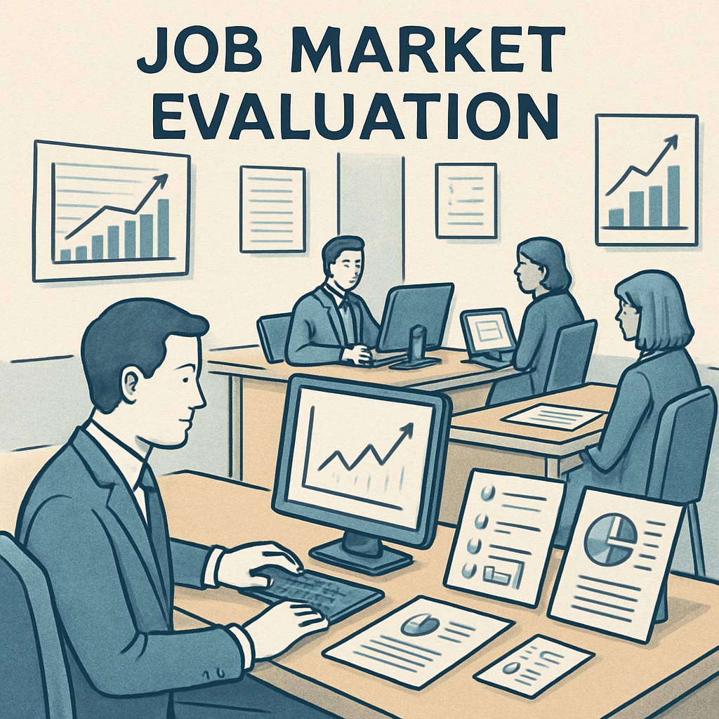 A professional workspace environment symbolizing job market evaluation. A workspace environment highlighting challenges in job market evaluation.