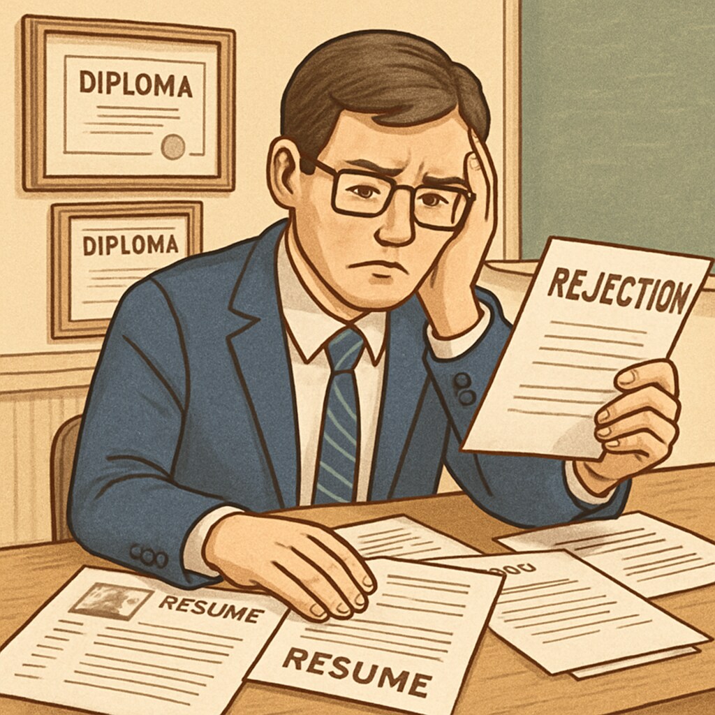 A frustrated job applicant holding advanced degrees but facing employment barriers. A job applicant with advanced degrees encountering employment policy issues.