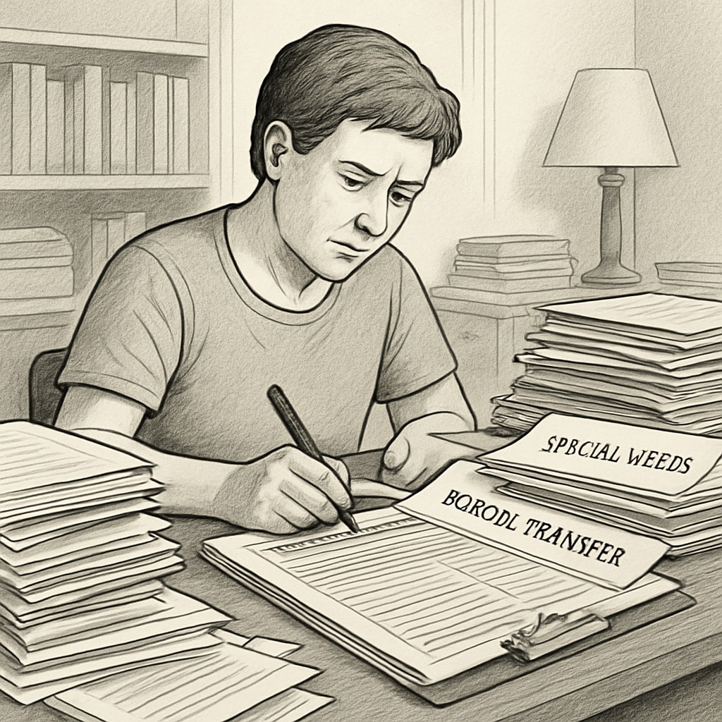 Parent completing school transfer forms for a child with special needs