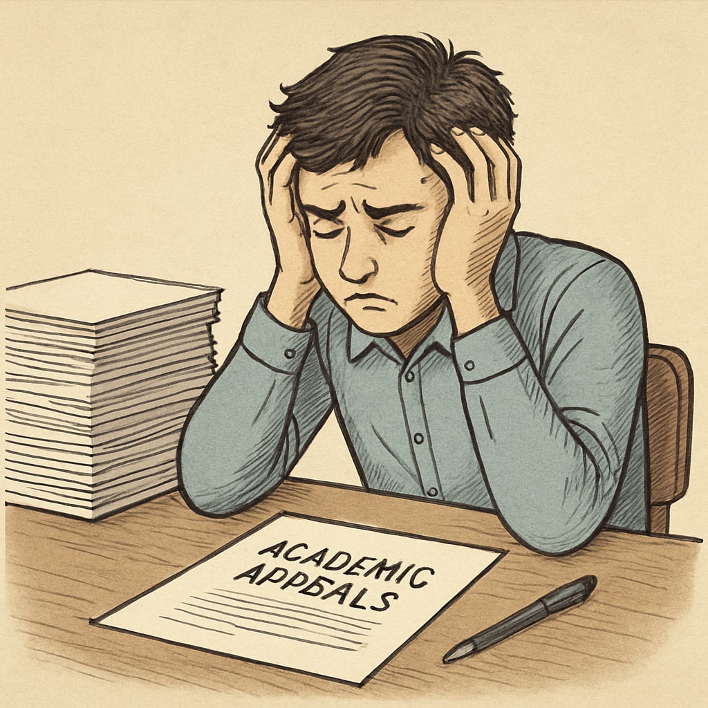 A student sitting at a desk looking frustrated with a stack of papers, symbolizing the difficulty of navigating academic appeals. Frustrated student with papers representing challenges in academic appeals.