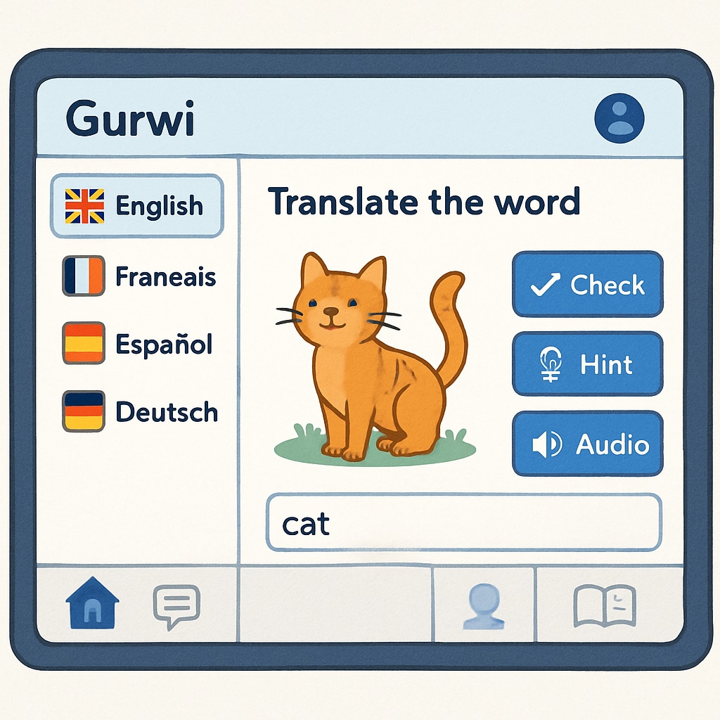 Gurwi app interface highlighting interactive and multilingual features.