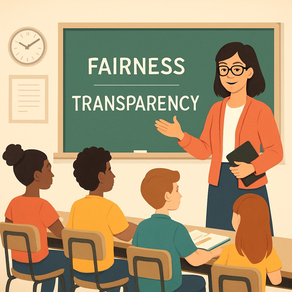 A classroom setting with a teacher and students, highlighting the importance of fairness and transparency in academic evaluations. Classroom scene emphasizing fairness in academic assessments and appeals.